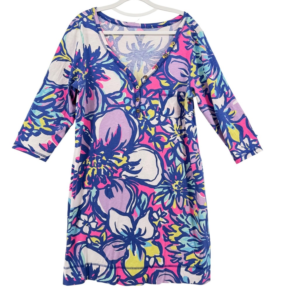 Lilly Pulitzer Palmetto V-Neck Dress XL Catwalkin Pink Blue Floral Pima Cotton - Picture 2 of 7